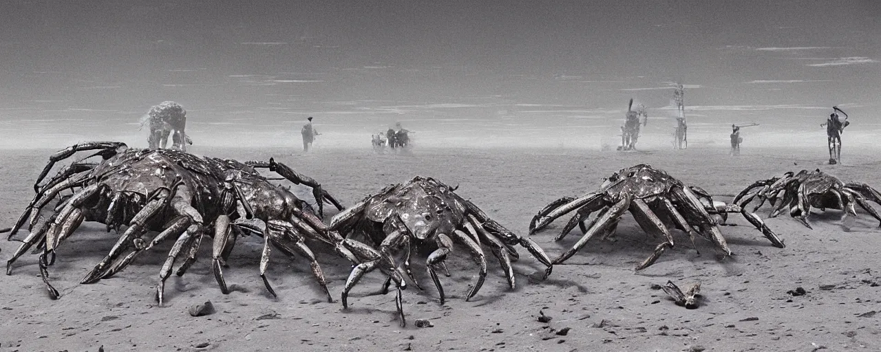 Image similar to a herd of giant crabs made of steel running abound on barren desert exoplanet by James Gurney, by Caspar David Friedrich, by Beksinski and Alex Gray