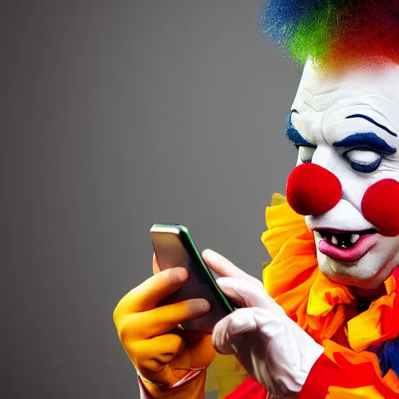 Image similar to clown crying while browsing twitter on his phone, photo taken from behind the clown