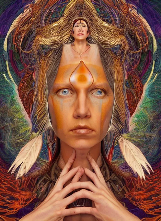 Prompt: portrait ultra dimensional enlightened cult woman shaman, enlightenment tripping on dmt, psychedelic experience, ultra high definition, unreal engine 5, hyperrealism, ray tracing, masterpiece composition, by michael parkes, casey weldon, barclay shaw