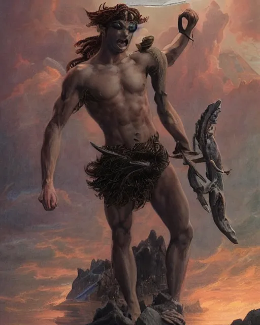 Image similar to a portrait of strong and proud young Poseidon with trident in his hands, screaming, ready to fight, rising from the ocean by Ross Tran and Thomas Cole and Wayne Barlowe