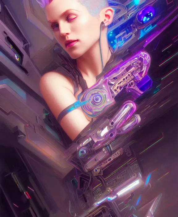 Image similar to a whirlwind of souls rushing inside the metaverse, hologram, half body, neurochip, shaved temple, piercing, jewelry, android, cyborg, cyberpunk face, by loish, d & d, fantasy, intricate, elegant, highly detailed, colorful, digital painting, artstation, concept art, art by artgerm and greg rutkowski and alphonse mucha