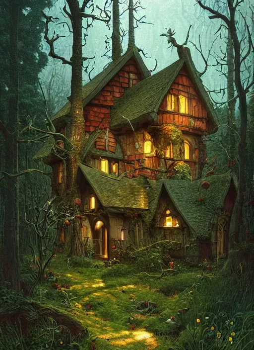 Prompt: hyper realistic homely ornate modern witch cottage far away in the woods gorgeous lighting, blue sky, highly detailed, lush forest by zdzisław beksinski and norman rockwell and greg rutkowskiweta studio, and lucasfilm