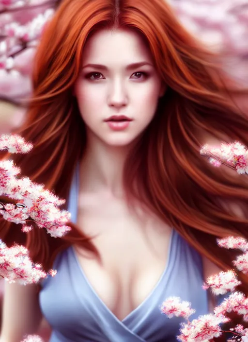 Prompt: photo of a gorgeous female with auburn hair in the style of stefan kostic, realistic, half body shot, sharp focus, 8 k high definition, insanely detailed, intricate, elegant, art by stanley lau and artgerm, extreme blur cherry blossoms background