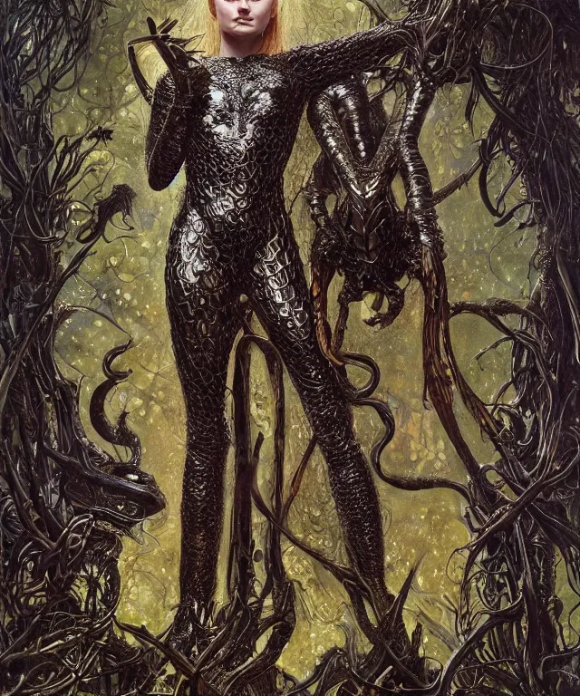 Prompt: a portrait photograph of sadie sink as a strong alien harpy queen with amphibian skin. she is dressed in a black lace shiny metal slimy organic membrane catsuit and transforming into a snake antilope. by donato giancola, walton ford, ernst haeckel, peter mohrbacher, hr giger. 8 k, cgsociety, fashion editorial