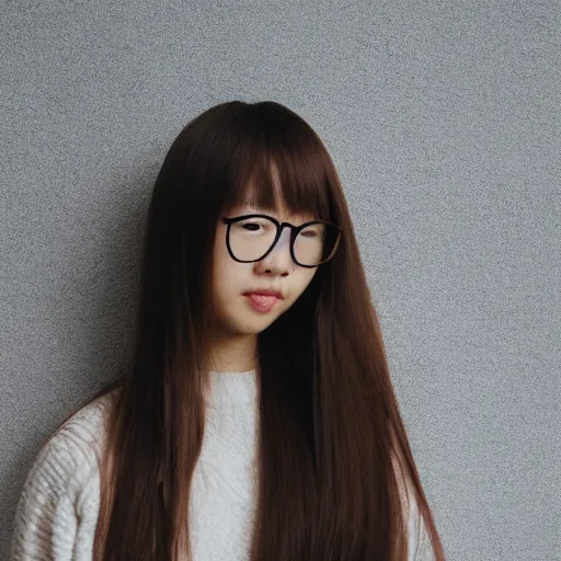 Prompt: portrait, award - winning photo, cute, beautiful, faired skin, round faced, brown coloured long hair, korean girl, wearing round glasses, white trendy clothing, bokeh