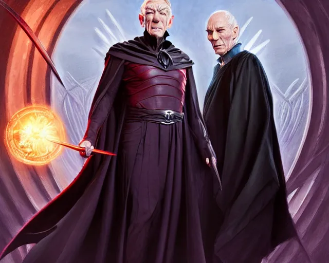 Image similar to ian mckellen as magneto and he is mind controlling lord voldemort to eat a wedding cake, deep focus, d & d, fantasy, intricate, elegant, highly detailed, digital painting, artstation, concept art, matte, sharp focus, illustration, hearthstone, art by artgerm and greg rutkowski and alphonse mucha