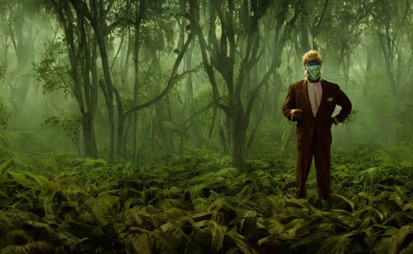 Image similar to snake oil saleman demigod with neon green mask in a swampy jungle landscape, visible sky and humid atmosphere, the salesman's dream by alejandro jodorowsky and denis villeneuve, kodakchrome, cinematic composition, practical effects, 8 k