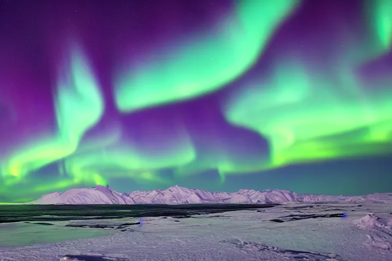 Prompt: a vibrant aurora over a dark arctic landscape