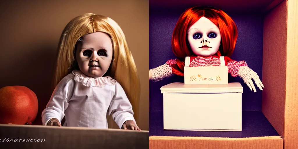 Prompt: the creepy doll in the box asking if you will fix it a snack too while you are up, studio lighting, warm colors