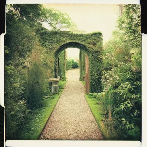 Image similar to courtyard walkway in an overgrown castle, surreal, polaroid,