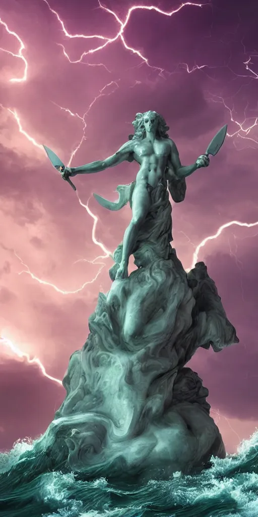 Image similar to gigantic marble statue of an alien of the sea wielding a trident on an island. roiling waves at the base. scene lit by lightning. thunderclouds in the background. fantasy setting. magicians praying to the statue. purples and greens. fantasy aesthetic. extremely detailed. 4 k. digital art.