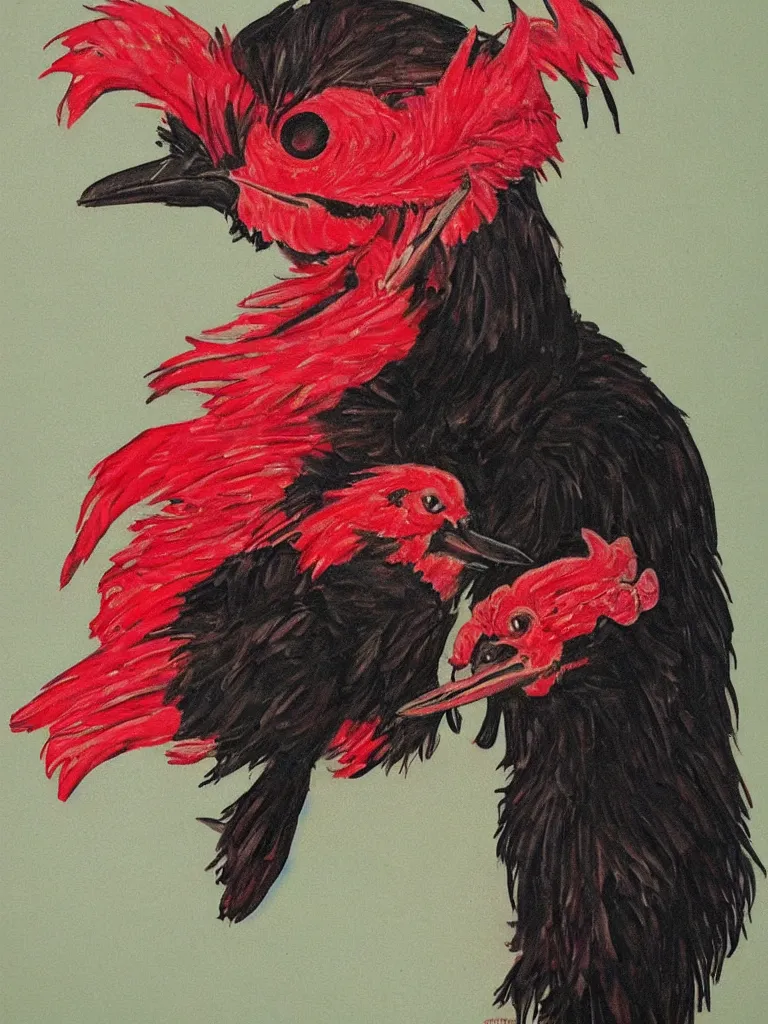 Image similar to close up portrait of a cute Black Chicken with a red comb, smoking, cybercannabis vibes, style of tattoo by Norman Rockwell