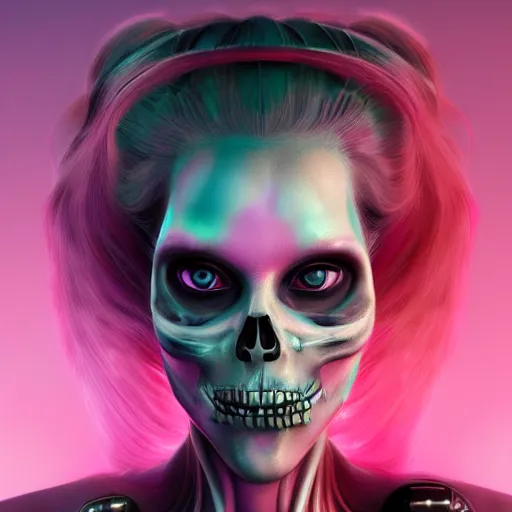 Image similar to a digital painting of a woman with pink hair with a skull on her face, cyberpunk art by android jones, zbrush central contest winner, gothic art, apocalypse art, darksynth, zbrush