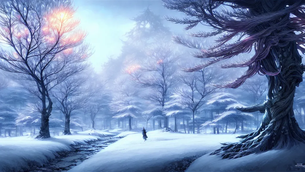 Image similar to anime forest winter landscape, intricate details, fantasy, elegant, highly detailed, digital painting, artstation, concept art, smooth, sharp focus, illustration, wide angle, artbook, splash art, promo art, soul calibur, league of legends, art by artgerm and greg rutkowski and bo chen and jin xiaodi