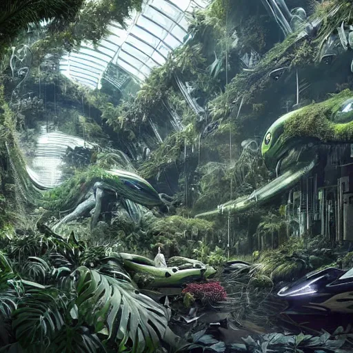 Image similar to epic, ultra detailed, hyper - real alien jungle by greg rutkowski inside a giant research facility by zaha hadid