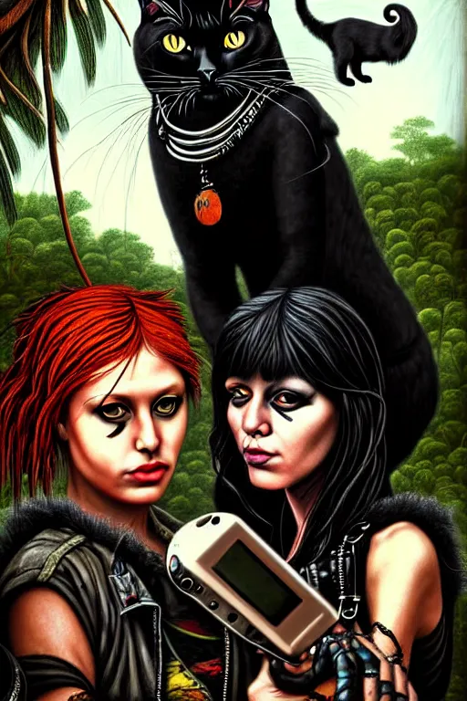 Image similar to punk rock girls making selfie with black cats in jungle , 1980 style, mad max jacket, post apocalyptic, renaissance, highly detailed, digital painting, 4k, oil painting by Leonardo Da Vinci, hyper realistic style, fantasy by Olga Fedorova