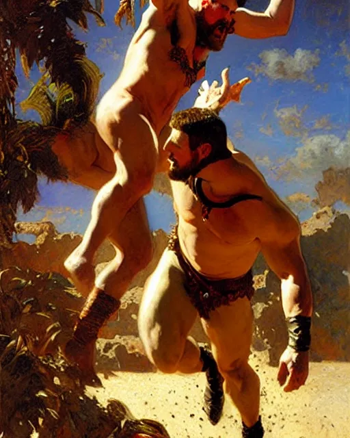 Image similar to handsome gladiator chris evans wrestling a lion, painting by gaston bussiere, craig mullins, j. c. leyendecker