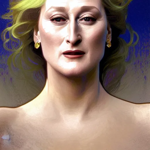 Prompt: painted closeup portrait of meryl streep, feminime, young, charming, majestic, athletic, fantasy, intricate, elegant, extremely detailed digital painting, trending artstation, concept art, sharp focus illustration art by alphonse mucha, greg rutkowski, craig mullins