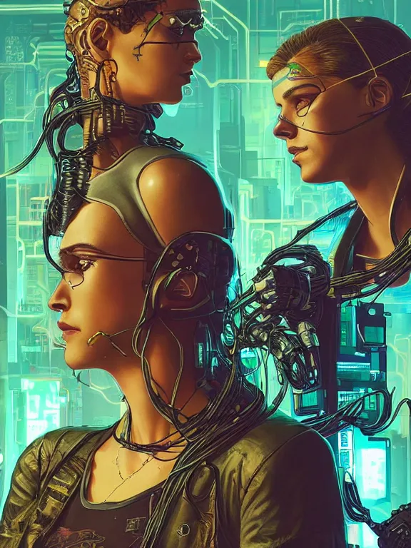 Prompt: a cyberpunk 2077 illustration half body portrait of two veiled female android queen pray with complex mess of cables and wires behind them connected to giant computer, film lighting, by laurie greasley,Lawrence Alma-Tadema,William Morris,Dan Mumford, trending on atrstation, full of color, mythological, high detailed,golden ratio,cinematic lighting