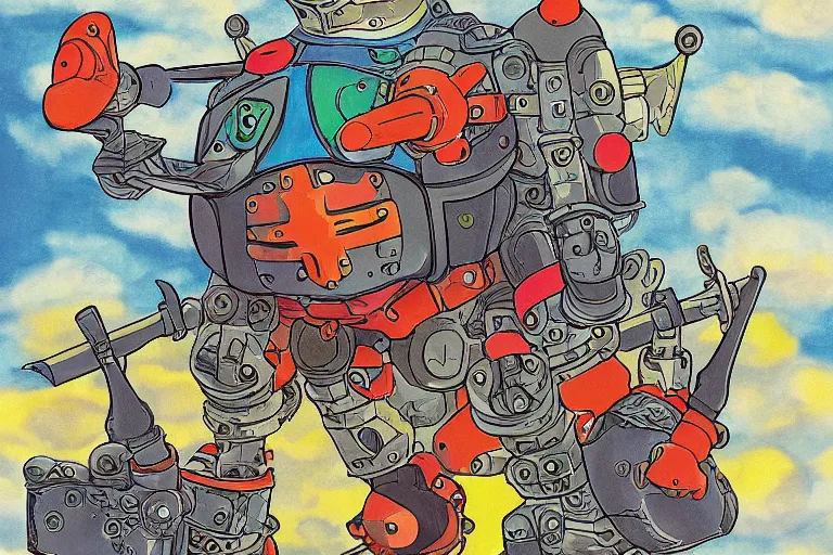 Prompt: illustration of a heavily armoured mechanical duck by studio ghibli, ominous, vivid colors, colorful