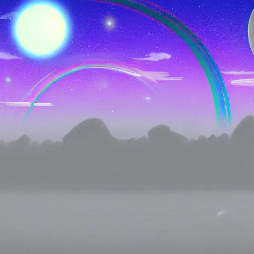 Image similar to Digital painting of a futuristic alien world with 3 moons and a rainbow haze