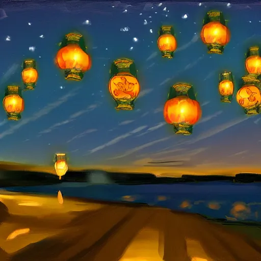 Prompt: beautiful lit lanterns floating in the beautiful night sky, john singer sargent art style, 4 k, modern