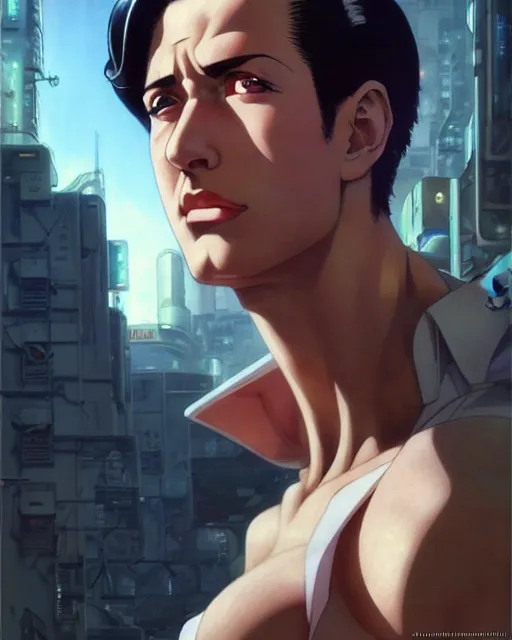 Image similar to portrait Anime 1940s Stallone Sharp fine face, pretty face, realistic shaded Perfect face, fine details. Anime. cyberpunk realistic shaded lighting by katsuhiro otomo ghost-in-the-shell, magali villeneuve, artgerm, rutkowski Jeremy Lipkin and Giuseppe Dangelico Pino and Michael Garmash and Rob Rey