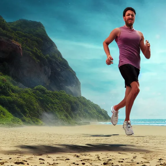 Prompt: jogger running on the beach, science fiction matte painting, highly detailed,