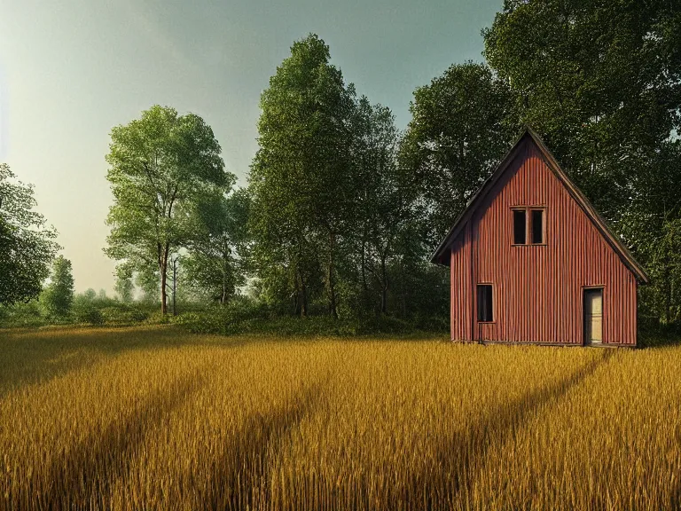 Image similar to hyperrealism design by cornelia konrads photography of beautiful detailed small house around the forest in small ukrainian village by taras shevchenko and wes anderson and caravaggio, wheat field behind the house, volumetric natural light