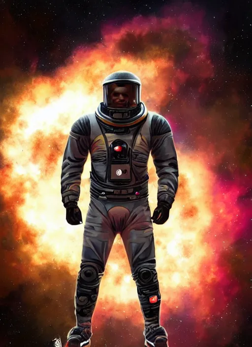 Prompt: fit black man in an advanced spacesuit in front of exploding nebulae, digital illustration trending on artstation by artgerm and rutkowski