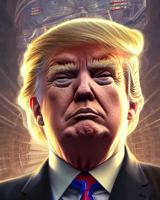 Prompt: donald trump as a cyborg, real life skin, intricate, elegant, highly detailed, artstation, concept art, smooth, sharp focus, art by artgerm and greg rutkowski and alphonse mucha