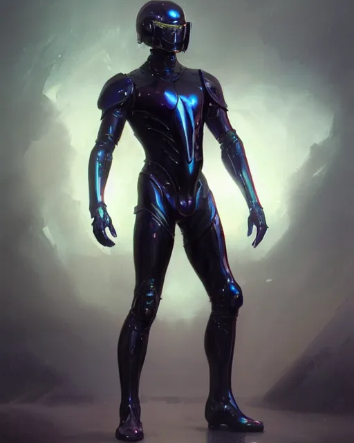 Image similar to character concept of iridescent sinewy smooth muscular male sleek glossy indigo black pearlescent scifi armor with smooth black featureless helmet, made of liquid metal, by greg rutkowski, mark brookes, jim burns, tom bagshaw, magali villeneuve, trending on artstation