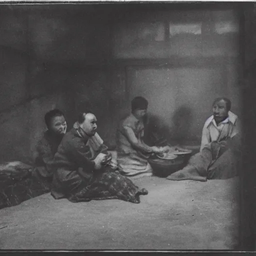 Image similar to people smoking opium in an opium den, monochrome film, dreamlike,