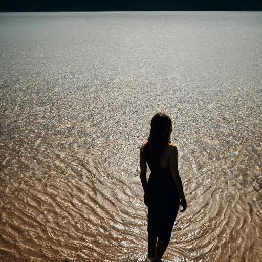 Image similar to a woman, standing in shallow endless water, backlit, backlit, photo by Marat Safin, Canon EOS R3, 35mm, f/1.4, ISO 200, 1/160s, 8K, RAW, unedited, symmetrical balance, in-frame