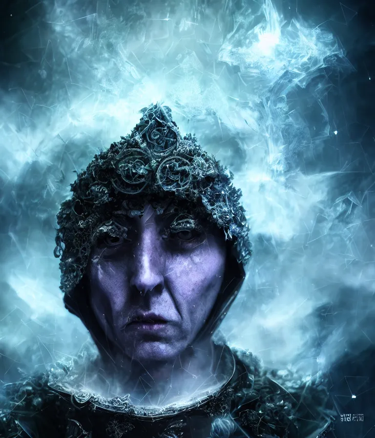 Image similar to impressive ominous front!! shot photo of a court jester character fine portrait fine portrait mesmerizing fractal hyper cubes platinum cracked dark future hyper dimensional space galactic crystal nebula edges elegant detailed intricate concept artstation sharp focus ray tracing cinematic masterpiece temporal corruption beeple wlop germ 8 4 k scifi glossy hyper realistic illustration canon eos r 3 fujifilm x - t 3 0 sony alpha a 6 6 0 0