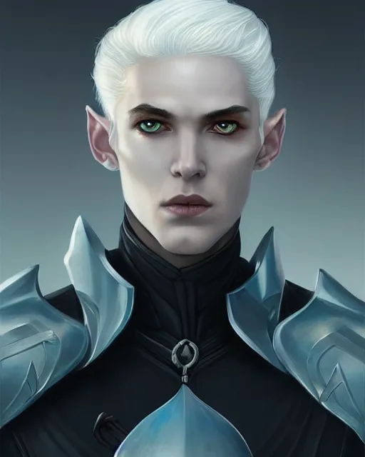 Prompt: character portrait of a slender young half elven man with white hair, piercing turquoise blue eyes, and pale blue skin, wearing sleek black armor, by greg rutkowski and mark brookes and jim burns and tom bagshaw and magali villeneuve, trending on artstation