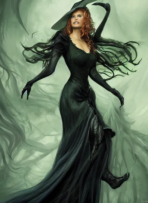 Image similar to beautiful female witch, rebecca romijn as wicked witch of the west, full body character concept, evil, powerful, magic, art nouveau, super powers, fantasy, intricate, elegant, mistique, horrifying, highly detailed, digital painting, artstation, concept art, shining, sharp focus, illustration, art by stanley lau