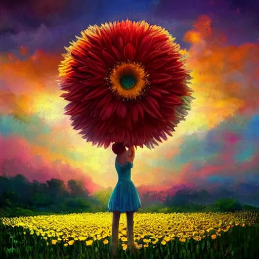 Image similar to giant daisy flower as head, girl dancing in a flower field, surreal photography, sunrise, dramatic light, impressionist painting, colorful clouds, digital painting, artstation, simon stalenhag