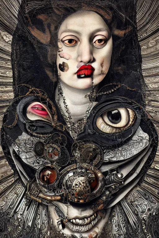 Image similar to Detailed maximalist portrait with large lips and with large eyes, angry expression, HD mixed media, 3D collage, highly detailed and intricate illustration in the style of Caravaggio, dark art, baroque