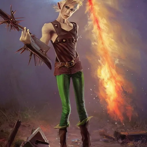 Image similar to a skinny fantasy elf with spiky blonde hair wearing dark brown overalls and holding a firecracker standing next to a destroyed car, painting by artgerm