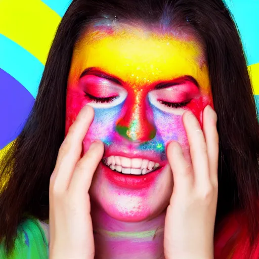 Prompt: woman crying rainbow paint