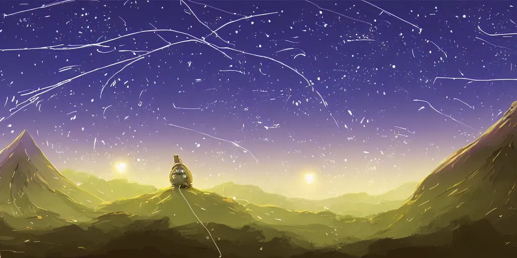 Image similar to glowing wireframe totoro, mountain landscape, night sky, digital art, digital painting, celestial