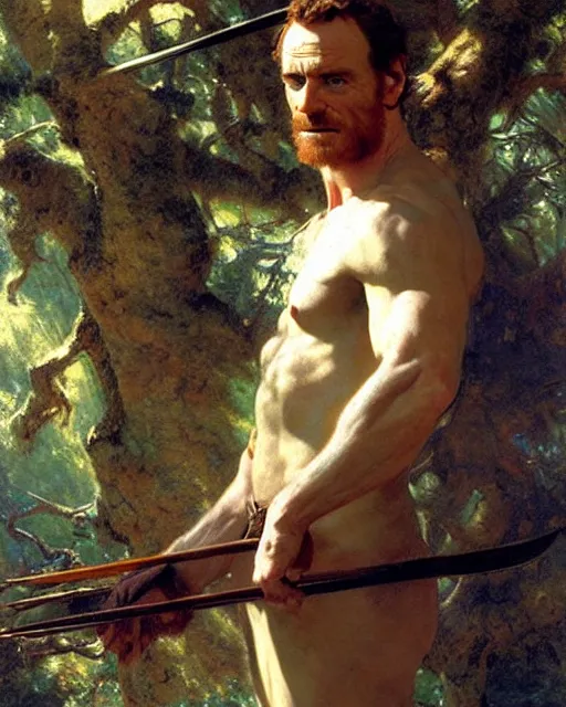 Prompt: handsome michael fassbender holding a spear aloft, sunlight shining through the trees on his torso, hunting scene matte painting by gaston bussiere, craig mullins, j. c. leyendecker