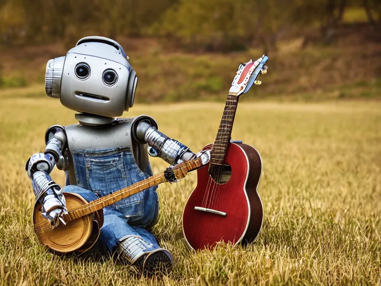 Prompt: photograph of a country bumpkin robot playing a banjo, straw in his mouth, high detail, hyper realistic, 8 k, award winning photograph, promo shot, sigma 8 5 mm f / 8