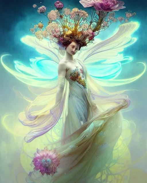 Prompt: Full View ultrarealistic Portrait ethereal fantasy deity wearing beautiful gown, rising in the air levitating, flowers, calm, 4k digital masterpiece by Anna Dittman and Alberto Seveso Ruan Jia, rossdraws and alphonse mucha and loish and WLOP, fantasycore, Hyperdetailed, fractals, scribble art, realistic digital painting, atmospheric, fireflies, soft lighting, featured on Artstation