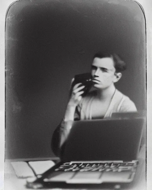 Image similar to 1 9 0 0 s photo of a person on a macbook pro old photo grain double exposure