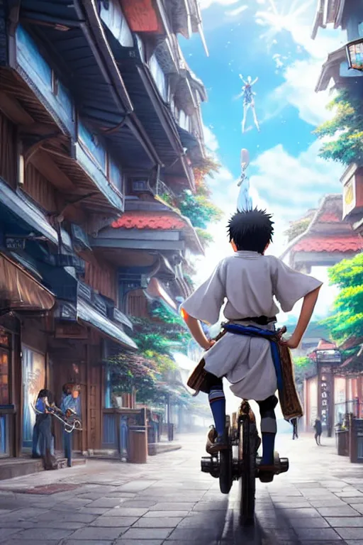 Image similar to ultra detailed keyart of sci - fy movie, a boy carrying a sword in his back is riding a simple bycycle in the main street of isekai shinjuku