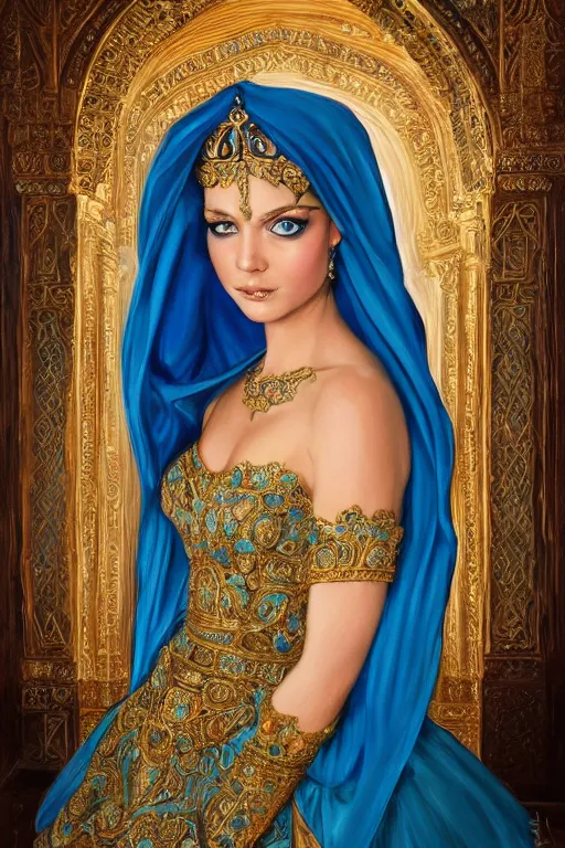 Image similar to detailed painting of a beautiful princess wearing a blue dress with veil inside the interior of an ornate Middle eastern palace by Stanely Artgerm, green eyes, gold jewellery, black hair, majestic, beauty, dramatic light, turquoise color scheme, Trending on Artstation
