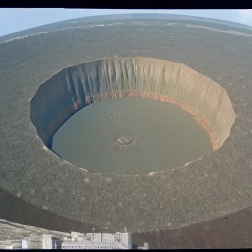 Prompt: a large nuclear crater in manhattan, realistic, taken on a ww 4 camera.