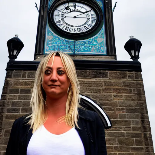 Image similar to A detailed photo of Kaley Cuoco under the Eastgate clock in Chester. Behind her we see a black panther